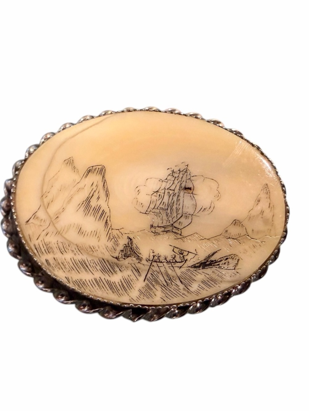 ⚓ Vintage Scrimshaw Brooch / Pendant | Convertible | Nautical Ship Scene